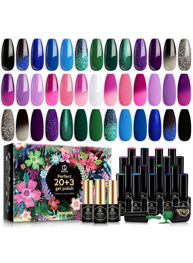 MEFA Color Changing Gel Nail Polish Kit 23 Pcs 20 Colors Glitter Ombre Pink Dark Blue Black Green Purple Temperature Mood Changed Nail Art Set With Gloss &Matte Top And Base Coat Manicure Salon Gifts - Image 1