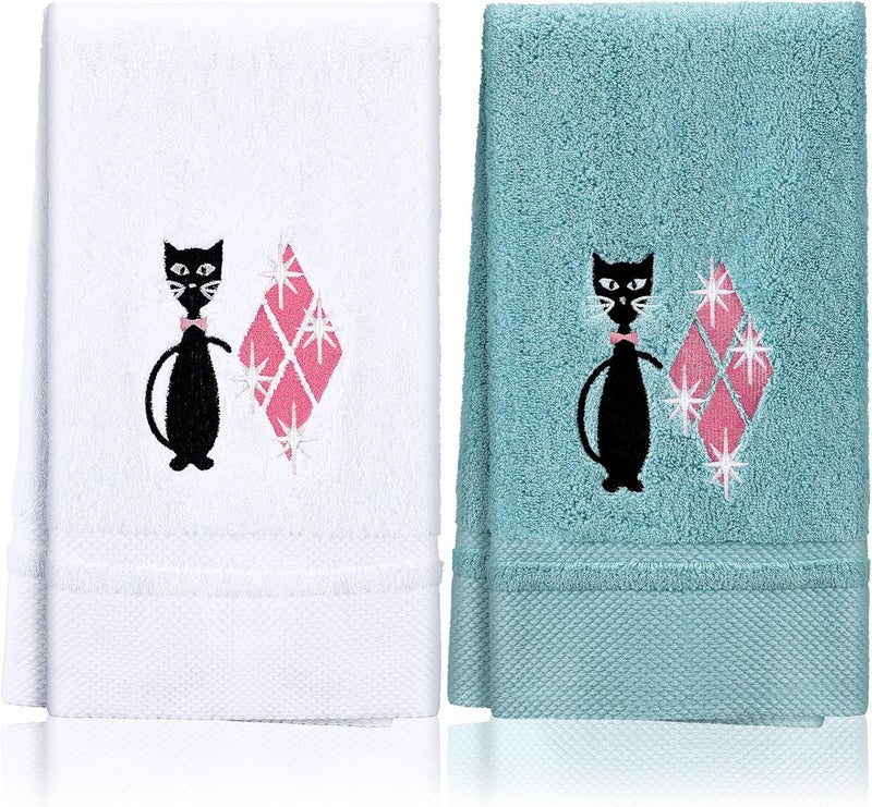 Macarrie منشفتان مطبخ قطط سوداء بتصميم منتصف القرن - ماكاري 2 قطعة - منشفتان قطط عتيقتان من القطن مزخرفة ماصة للمطبخ والحمام هدية منزلية دافئة 29 × 13.4 بوصة - Image 1