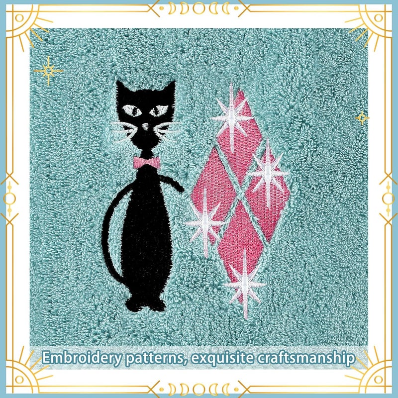 Macarrie منشفتان مطبخ قطط سوداء بتصميم منتصف القرن - ماكاري 2 قطعة - منشفتان قطط عتيقتان من القطن مزخرفة ماصة للمطبخ والحمام هدية منزلية دافئة 29 × 13.4 بوصة - Image 3