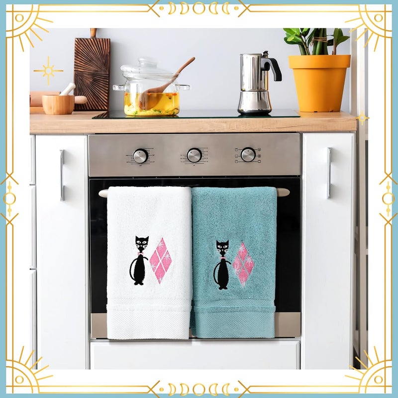 Macarrie منشفتان مطبخ قطط سوداء بتصميم منتصف القرن - ماكاري 2 قطعة - منشفتان قطط عتيقتان من القطن مزخرفة ماصة للمطبخ والحمام هدية منزلية دافئة 29 × 13.4 بوصة - Image 4