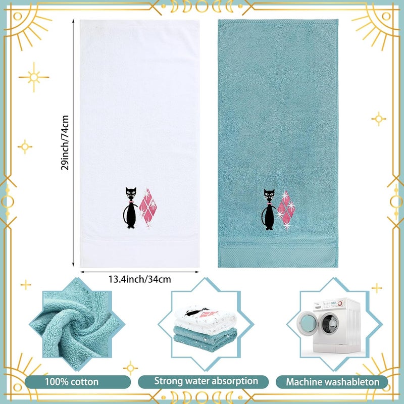 Macarrie منشفتان مطبخ قطط سوداء بتصميم منتصف القرن - ماكاري 2 قطعة - منشفتان قطط عتيقتان من القطن مزخرفة ماصة للمطبخ والحمام هدية منزلية دافئة 29 × 13.4 بوصة - Image 2