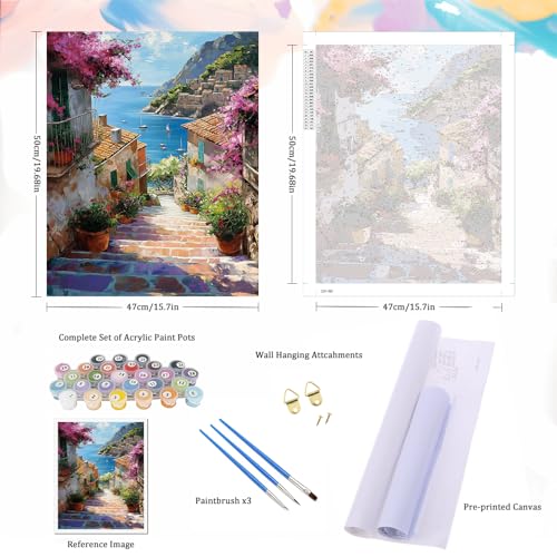 Natuyalo Paint by Numbers Kit for Adults Beginners and Kids, 16" Wx20 L Canvas Pictures Drawing Acrylic Paintwork with 3 Pcs Paintbrushes, Town Scenery - Image 5