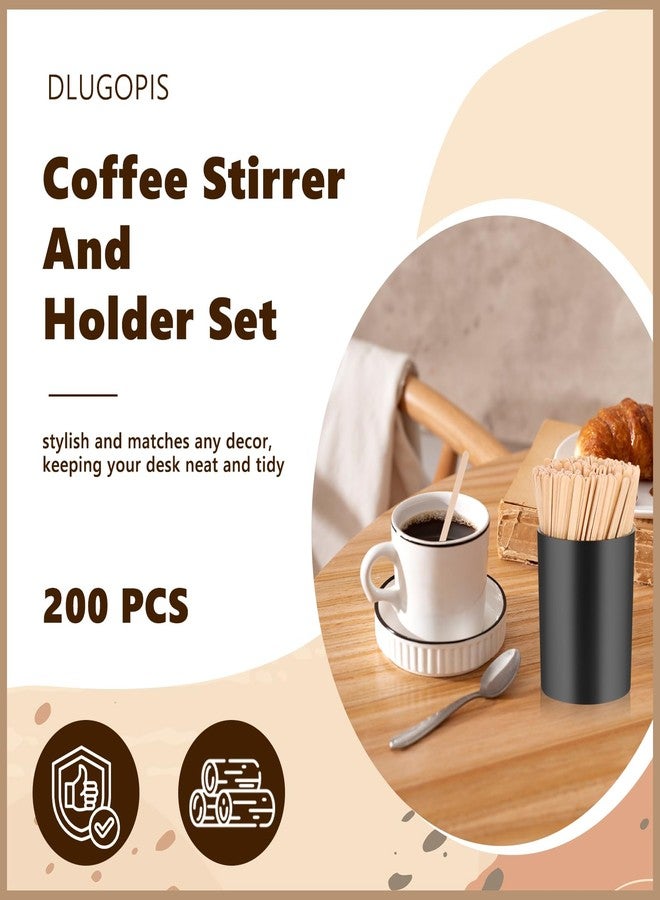 DLUGOPIS مجموعة 200 قطعة من أعواد تقليب القهوة الخشبية مع حاملها، أعواد تقليب القهوة الخشبية، 5.5 بوصة، أعواد تقليب المشروبات للاستخدام مرة واحدة، أعواد تقليب القهوة (خشب وأسود، أعواد تقليب القهوة 5.5 بوصة) - Image 5