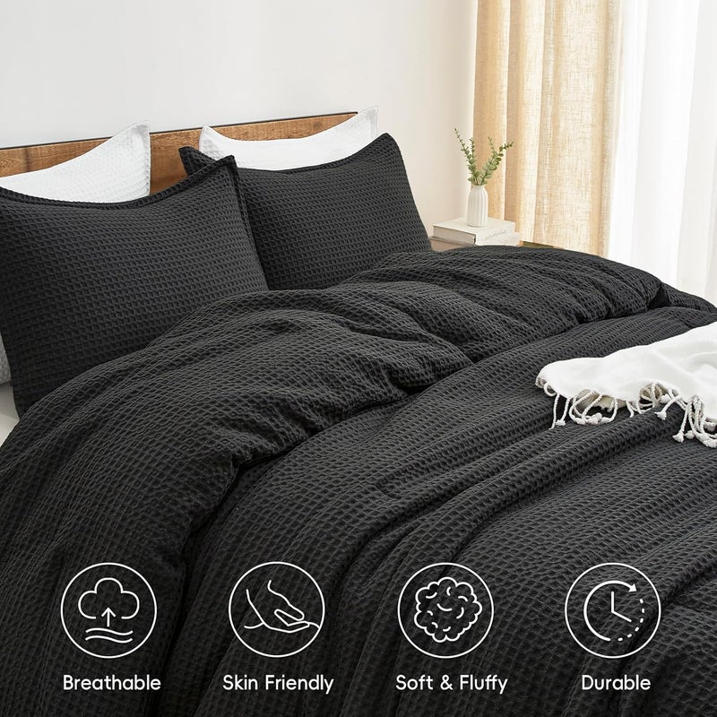 PHF Ultra Soft Waffle Weave 3 Pieces Comforter Set Queen Size, Lightweight Breathable Comfy Textured, Includes 1 Comforter (230cm x 230cm) with 2 Pillow Shams (50 cm x 66 cm), Black - Image 3