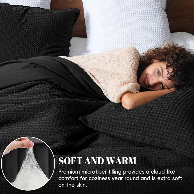 PHF Ultra Soft Waffle Weave 3 Pieces Comforter Set Queen Size, Lightweight Breathable Comfy Textured, Includes 1 Comforter (230cm x 230cm) with 2 Pillow Shams (50 cm x 66 cm), Black - Image 2