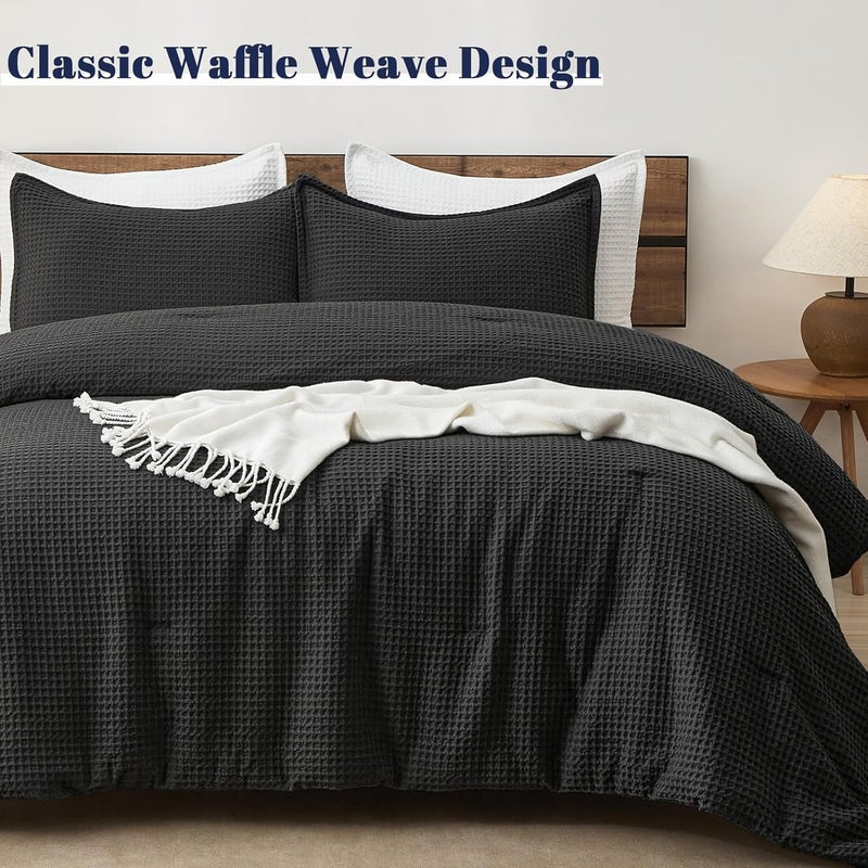PHF Ultra Soft Waffle Weave 3 Pieces Comforter Set Queen Size, Lightweight Breathable Comfy Textured, Includes 1 Comforter (230cm x 230cm) with 2 Pillow Shams (50 cm x 66 cm), Black - Image 5
