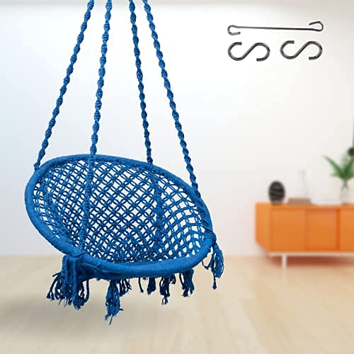 Curio Centre Make in India Round Cotton Rope Hanging Swing for Adults & Kids with Accessories/Swing Chair for Indoor,Outdoor,Home,Patio,Yard, Balcony,Garden (145x57x43cm,100 kgs Capacity-Blue) - Image 1
