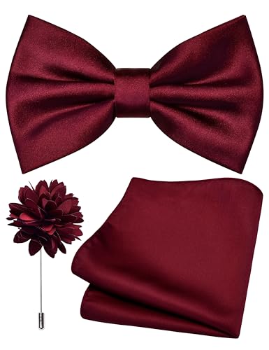 Branduce Mens Wine Burgundy Bow Tie for Wedding Solid Satin Silk Bowties Pocket Square and Lapel Pin Brooch Set (BB07-33) - Image 1