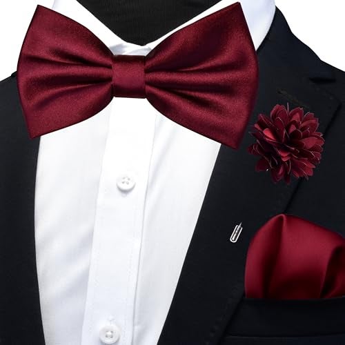 Branduce Mens Wine Burgundy Bow Tie for Wedding Solid Satin Silk Bowties Pocket Square and Lapel Pin Brooch Set (BB07-33) - Image 2