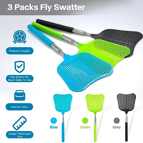 Begonia Telescopic Fly Swatter, Begonia Fly Swatter for Indoors,Manual Plastic Flyswatter Heavy Duty with Stainless Steel Telescopic Handle (3 Pack) - Image 2
