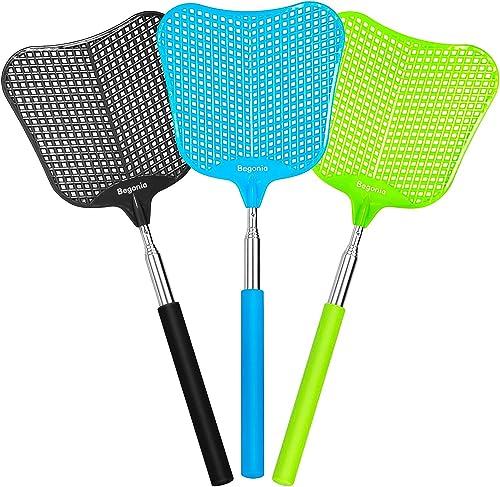 Begonia Telescopic Fly Swatter, Begonia Fly Swatter for Indoors,Manual Plastic Flyswatter Heavy Duty with Stainless Steel Telescopic Handle (3 Pack) - Image 1