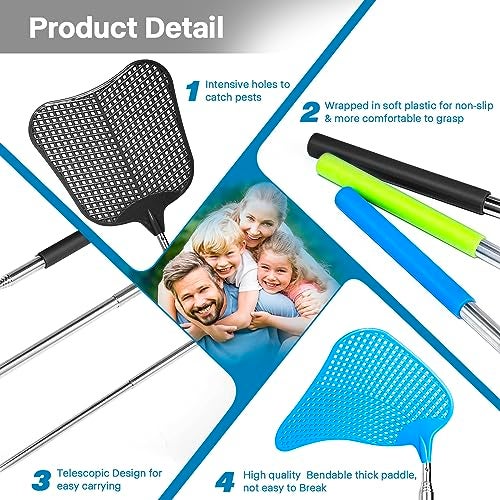 Begonia Telescopic Fly Swatter, Begonia Fly Swatter for Indoors,Manual Plastic Flyswatter Heavy Duty with Stainless Steel Telescopic Handle (3 Pack) - Image 3