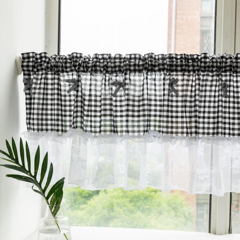 Huierxun Black and White Buffalo Check Plaid Window Valances Floral Lace Semi Sheer Kitchen Curtain Farmhouse Gingham Curtains Rod Pocket Valances for Living Room (Black A,42"x18") - Image 4