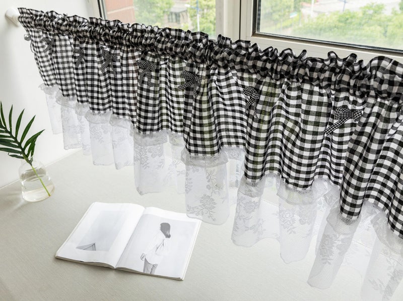 Huierxun Black and White Buffalo Check Plaid Window Valances Floral Lace Semi Sheer Kitchen Curtain Farmhouse Gingham Curtains Rod Pocket Valances for Living Room (Black A,42"x18") - Image 2