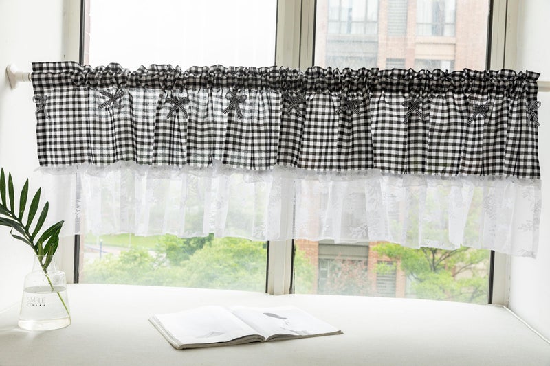 Huierxun Black and White Buffalo Check Plaid Window Valances Floral Lace Semi Sheer Kitchen Curtain Farmhouse Gingham Curtains Rod Pocket Valances for Living Room (Black A,42"x18") - Image 3