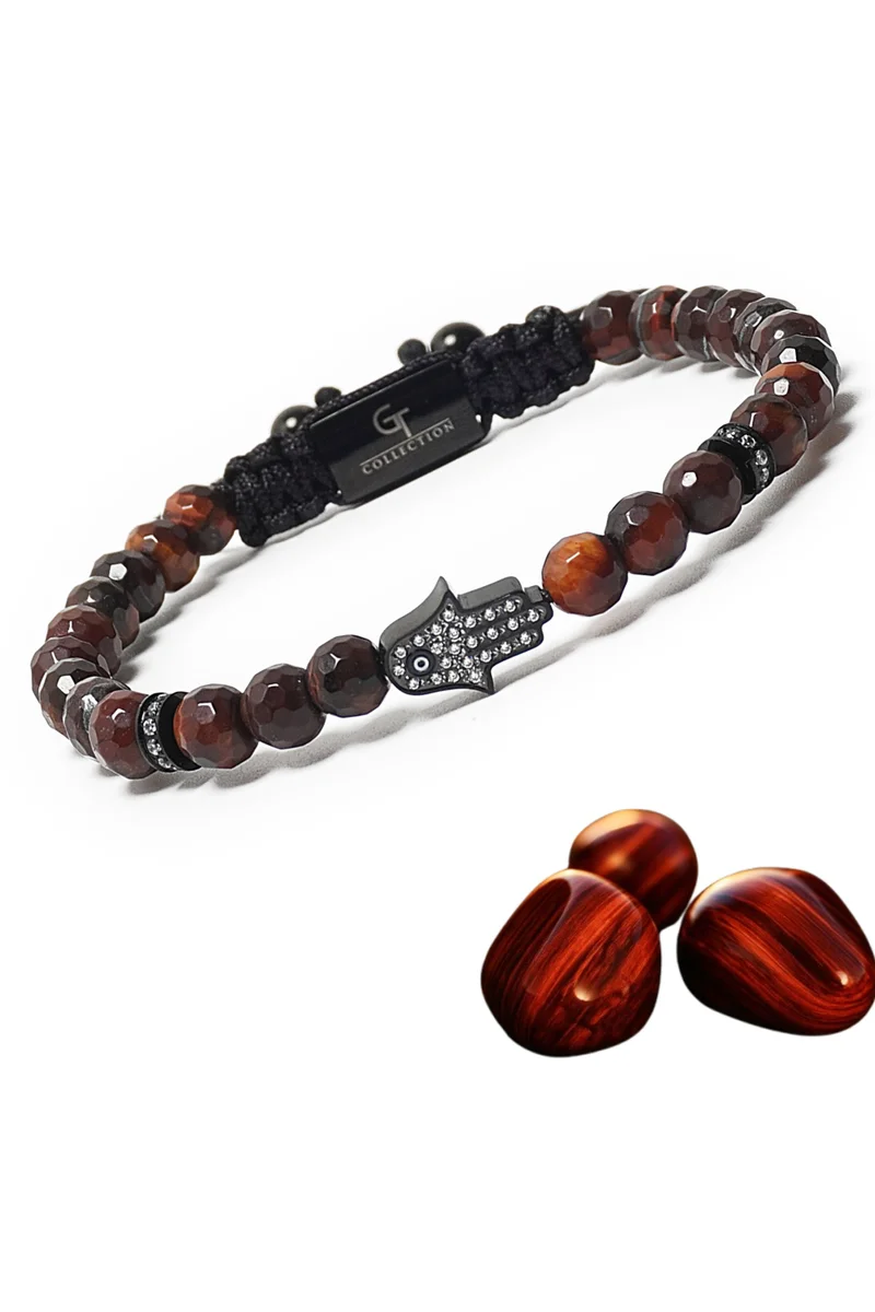 Lunnora Red Tiger Eye Beads Handmade Natural Stone Bead Bracelet – Bracelet for Men, Men’s Bracelet, Gifts for Men, Bracelets for Men – With Black Hamsa Hand, Adjustable One Size Fits All
