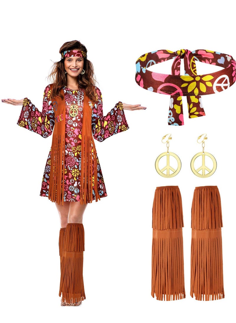 Excefore Women Hippie Costume Set Peace Sign Earring Necklace Headband Disco Dress Ankle Socks, XL  - Image 1