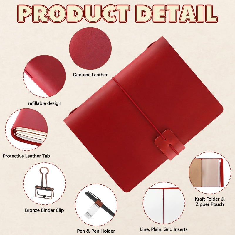 Thenshop Travelers Refillable Leather Journal Notebook Travel Diary Handmade Passport Travelers Journal for Men and Women with 3 Notebook Inserts, Pen Holder, Binder Clip(Wine Red,Passport Size) - Image 3