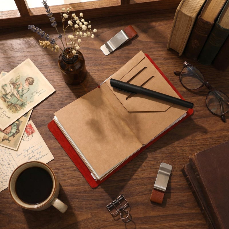 Thenshop Travelers Refillable Leather Journal Notebook Travel Diary Handmade Passport Travelers Journal for Men and Women with 3 Notebook Inserts, Pen Holder, Binder Clip(Wine Red,Passport Size) - Image 4