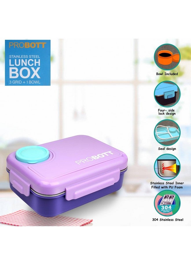 PROBOTT Fun Time 750ml Stainless Steel Lunch Box, 3 Grid with 1 Bowl Tiffin Box, Lid Made with Heavy Quality PP Material Perfect for School, Office Use | Purple - Image 3