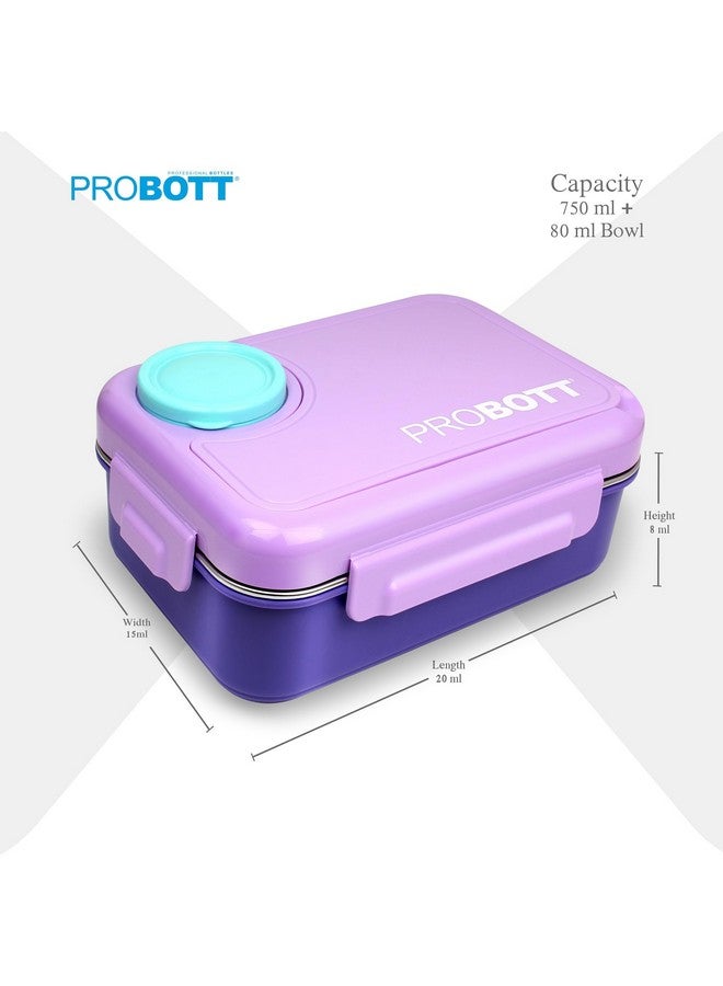 PROBOTT Fun Time 750ml Stainless Steel Lunch Box, 3 Grid with 1 Bowl Tiffin Box, Lid Made with Heavy Quality PP Material Perfect for School, Office Use | Purple - Image 4
