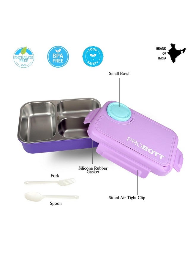 PROBOTT Fun Time 750ml Stainless Steel Lunch Box, 3 Grid with 1 Bowl Tiffin Box, Lid Made with Heavy Quality PP Material Perfect for School, Office Use | Purple - Image 2