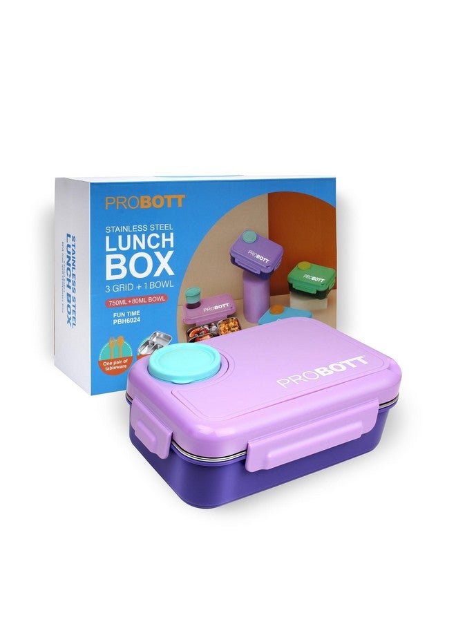 PROBOTT Fun Time 750ml Stainless Steel Lunch Box, 3 Grid with 1 Bowl Tiffin Box, Lid Made with Heavy Quality PP Material Perfect for School, Office Use | Purple - Image 1