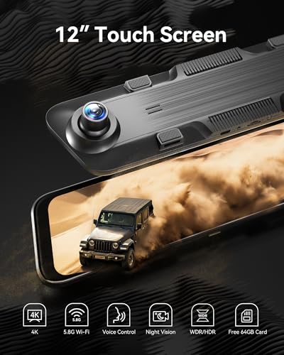 WOLFBOX كاميرا مرآة الرؤية الخلفية WOLFBOX G850 12" 4K مع واي فاي 5.8GHz وتحكم صوتي، كاميرا داش ذكية أمامية وخلفية، كاميرا احتياطية مع كاميرا خلفية 1080P، كاميرا داش مع WDR، تشمل بطاقة 64GB ونظام GPS - Image 2