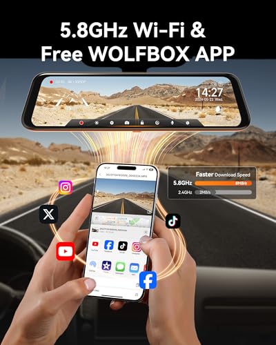 WOLFBOX كاميرا مرآة الرؤية الخلفية WOLFBOX G850 12" 4K مع واي فاي 5.8GHz وتحكم صوتي، كاميرا داش ذكية أمامية وخلفية، كاميرا احتياطية مع كاميرا خلفية 1080P، كاميرا داش مع WDR، تشمل بطاقة 64GB ونظام GPS - Image 3