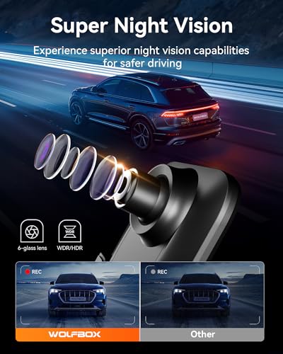 WOLFBOX كاميرا مرآة الرؤية الخلفية WOLFBOX G850 12" 4K مع واي فاي 5.8GHz وتحكم صوتي، كاميرا داش ذكية أمامية وخلفية، كاميرا احتياطية مع كاميرا خلفية 1080P، كاميرا داش مع WDR، تشمل بطاقة 64GB ونظام GPS - Image 5