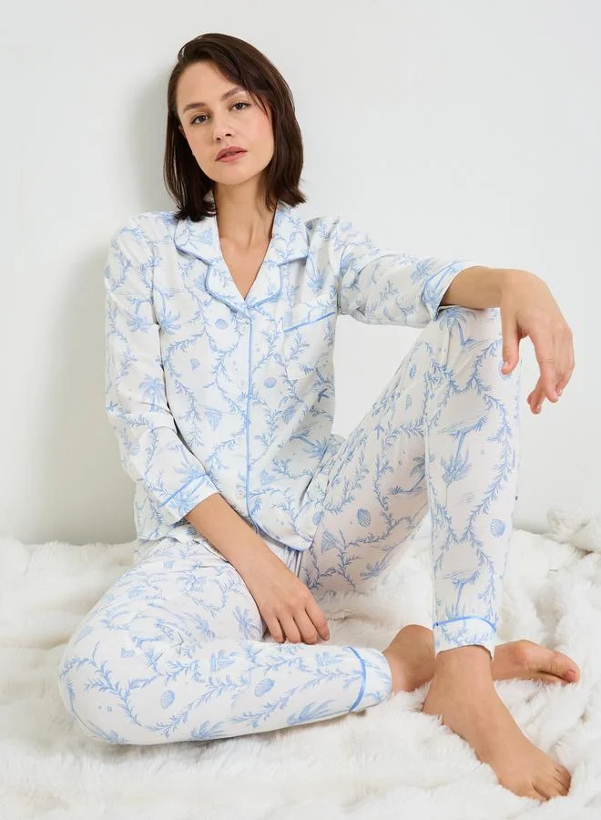 Collared Tropical Print Pajama Set with Long Sleeve