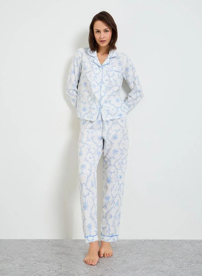Take Two  Collared Tropical Print Pajama Set with Long Sleeve for Women | Best Price UAE