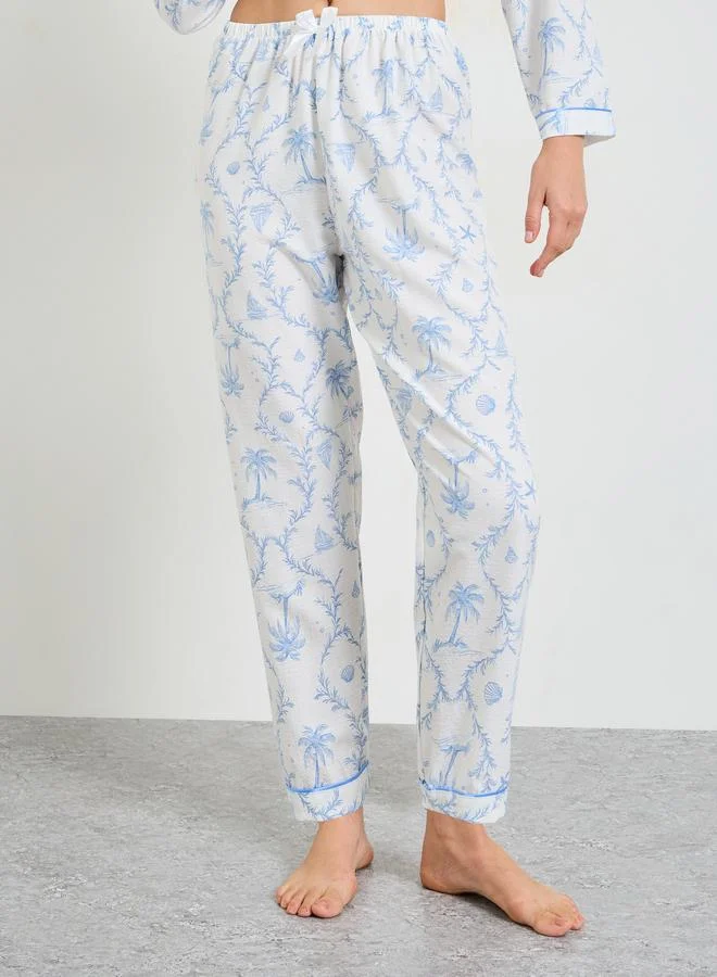 Take Two  Collared Tropical Print Pajama Set with Long Sleeve for Women | Best Price UAE