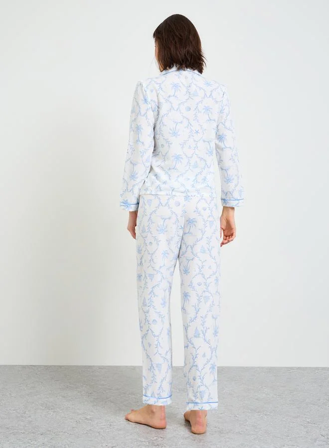 Take Two  Collared Tropical Print Pajama Set with Long Sleeve for Women | Best Price UAE