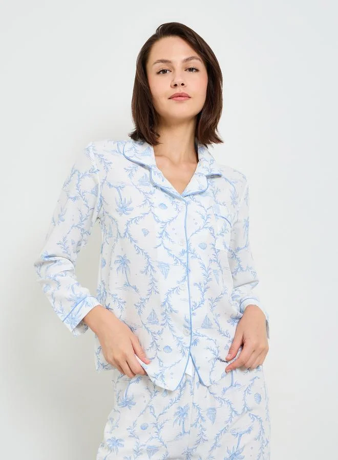 Take Two  Collared Tropical Print Pajama Set with Long Sleeve for Women | Best Price UAE