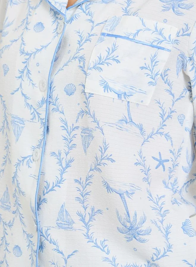 Take Two  Collared Tropical Print Pajama Set with Long Sleeve for Women | Best Price UAE