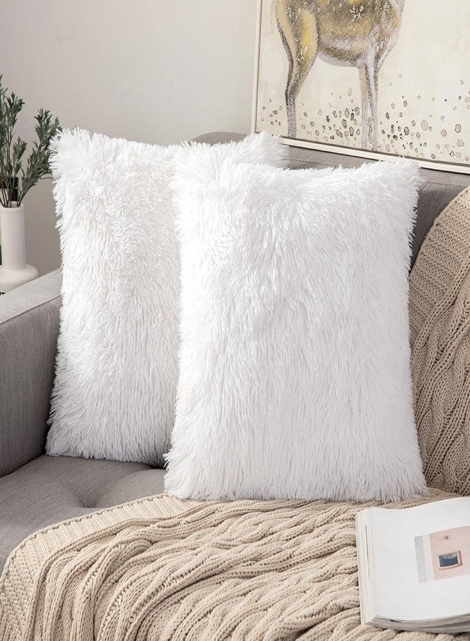 ANRODUO Pack of 2 White Throw Pillow Covers Luxury Fluffy Pillows Faux Fur Decorative Pillows Plush Cushion Case Fuzzy Mongolian Merin Style for Bed Couch Sofa Living Room Fall Home Decor 18x18 Inch - Image 1