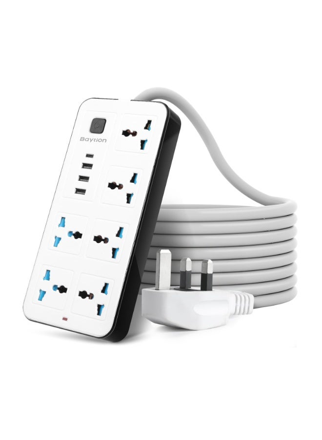وصلة كهربائية عالمية، 6 منافذ مع مقابس ثلاثية، 3 منافذ USB ومنفذ Type-C، بطول 1.88 متر، أبيض - Image 1