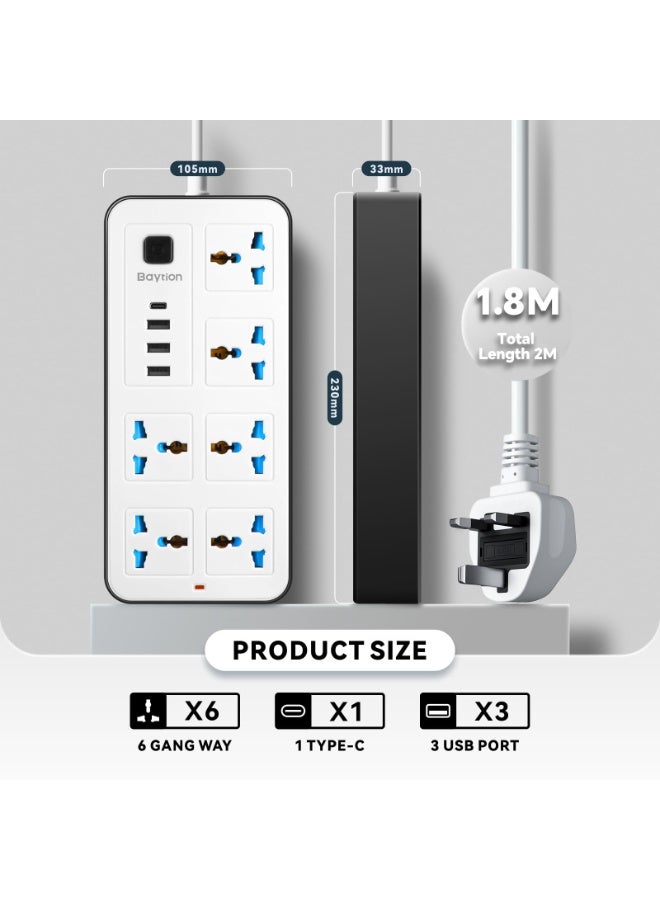 وصلة كهربائية عالمية، 6 منافذ مع مقابس ثلاثية، 3 منافذ USB ومنفذ Type-C، بطول 1.88 متر، أبيض - Image 2