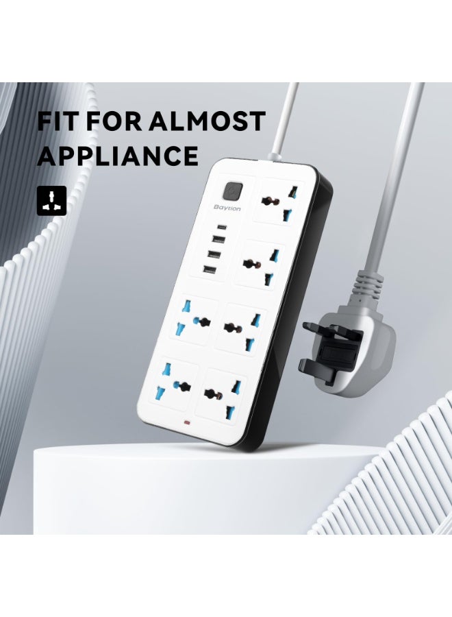 وصلة كهربائية عالمية، 6 منافذ مع مقابس ثلاثية، 3 منافذ USB ومنفذ Type-C، بطول 1.88 متر، أبيض - Image 4