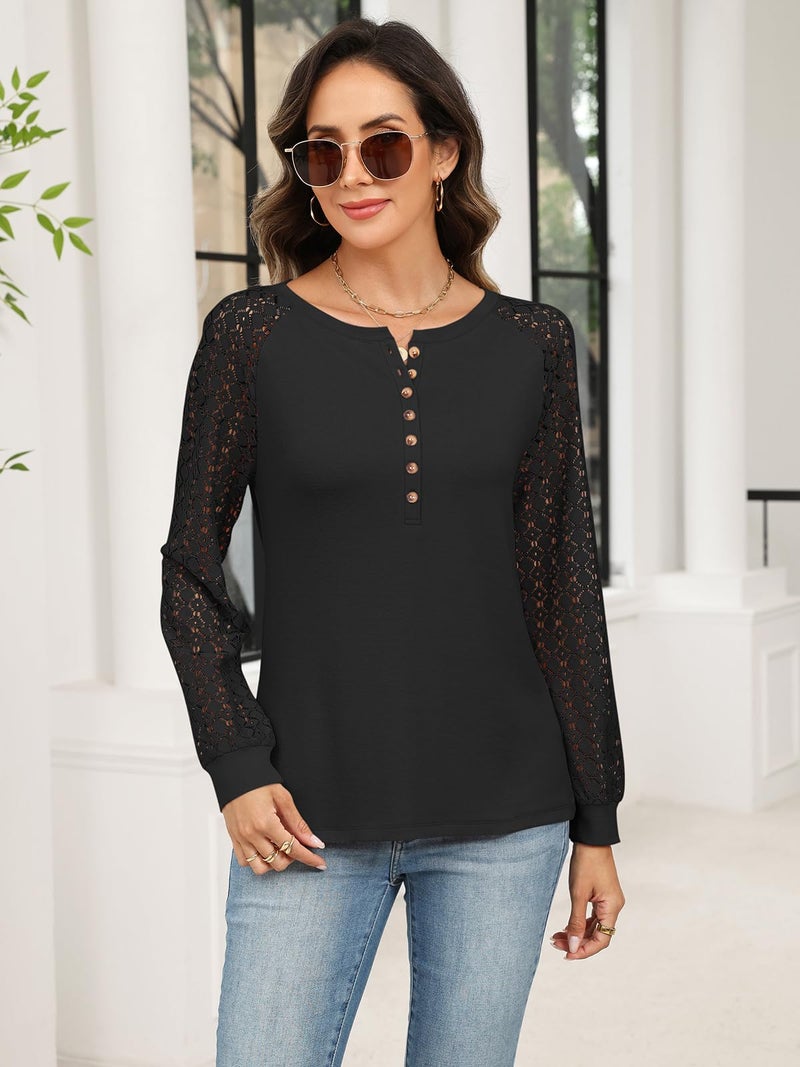 Minetom Women's Lace Long Sleeve Tops Henley Shirts Casual Blouses T Shirts Fall Clothes Black - Image 2