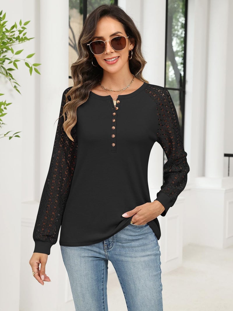Minetom Women's Lace Long Sleeve Tops Henley Shirts Casual Blouses T Shirts Fall Clothes Black - Image 3