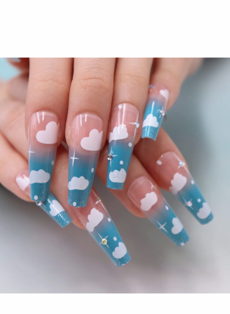 24 Pcs Blue Sky And White Clouds Nail Patch, Full Cover Long Fake Nails Glossy False Nails, Acrylic Nails for Women and Girls (Blue Cloud) - Image 1