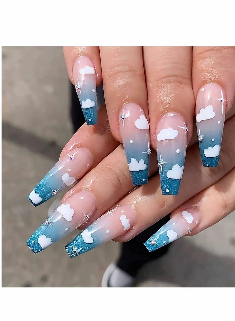 24 Pcs Blue Sky And White Clouds Nail Patch, Full Cover Long Fake Nails Glossy False Nails, Acrylic Nails for Women and Girls (Blue Cloud) - Image 2