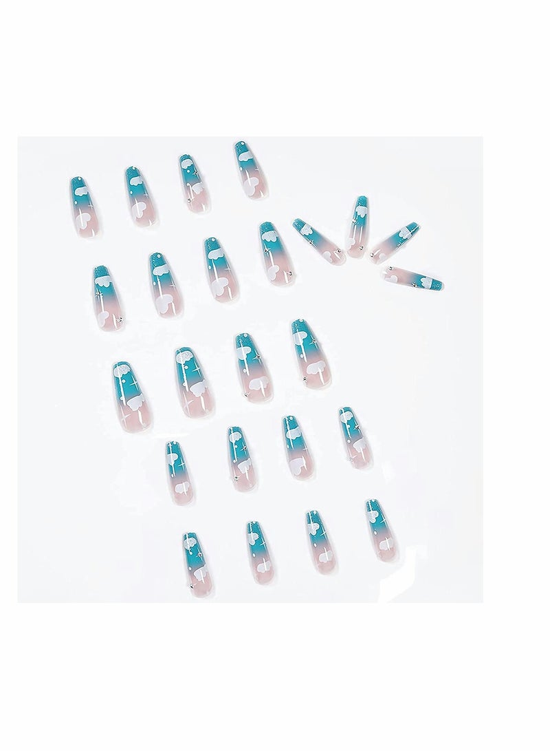 24 Pcs Blue Sky And White Clouds Nail Patch, Full Cover Long Fake Nails Glossy False Nails, Acrylic Nails for Women and Girls (Blue Cloud) - Image 5