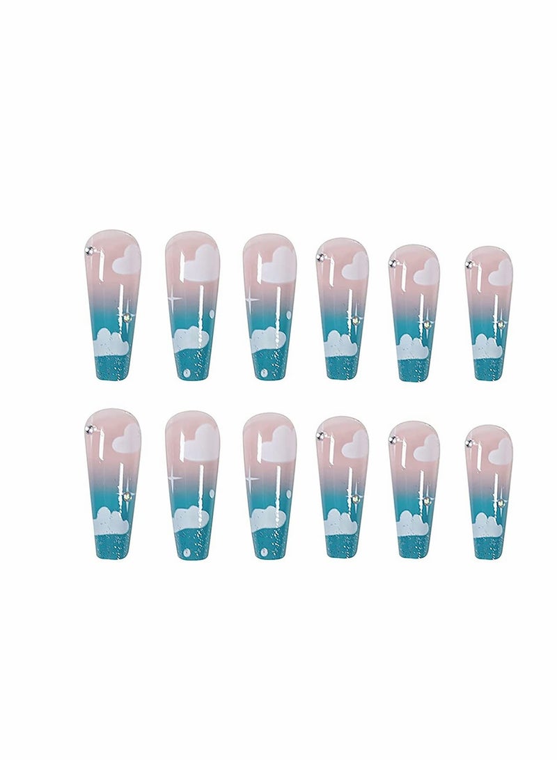 24 Pcs Blue Sky And White Clouds Nail Patch, Full Cover Long Fake Nails Glossy False Nails, Acrylic Nails for Women and Girls (Blue Cloud) - Image 3