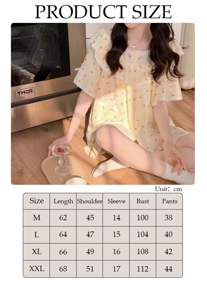 DUNISO Women's 2pcs Pajama Set Short Sleeve Nightgown Lace Sleepwear Button Down Loungewear Girls Comfortable Round Neck Nightwear Summer Home Wear  - Image 2