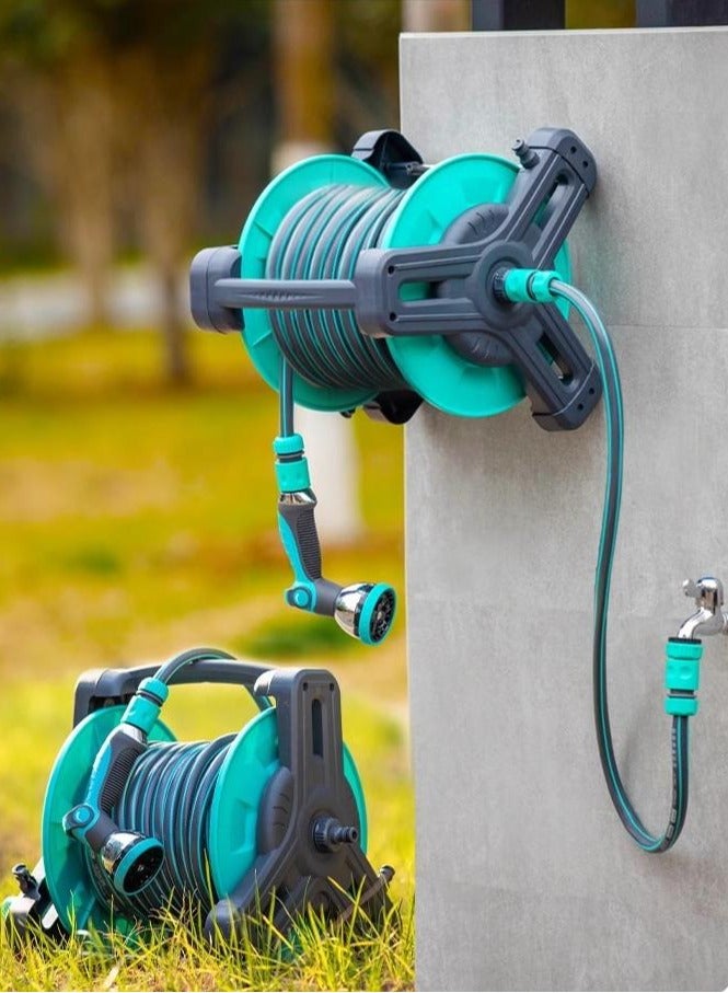 ONLYMAY Portable Garden Hose Reel Set, Multifunction Wall Hanging, 30M Garden Hose Reel Kit Water Hose Holder Water Gun of Spray Heads, and 2M Hoses for Household Garden Watering Car Wash, Blue - Image 1
