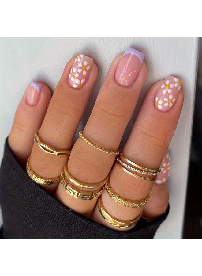 24 Pcs Press on Nails Short White Daisy Fake Nails Full Cover Stick on Nails French Acrylic Exquisite False Nails with Glue Design Nails for Women and Girls - Image 1