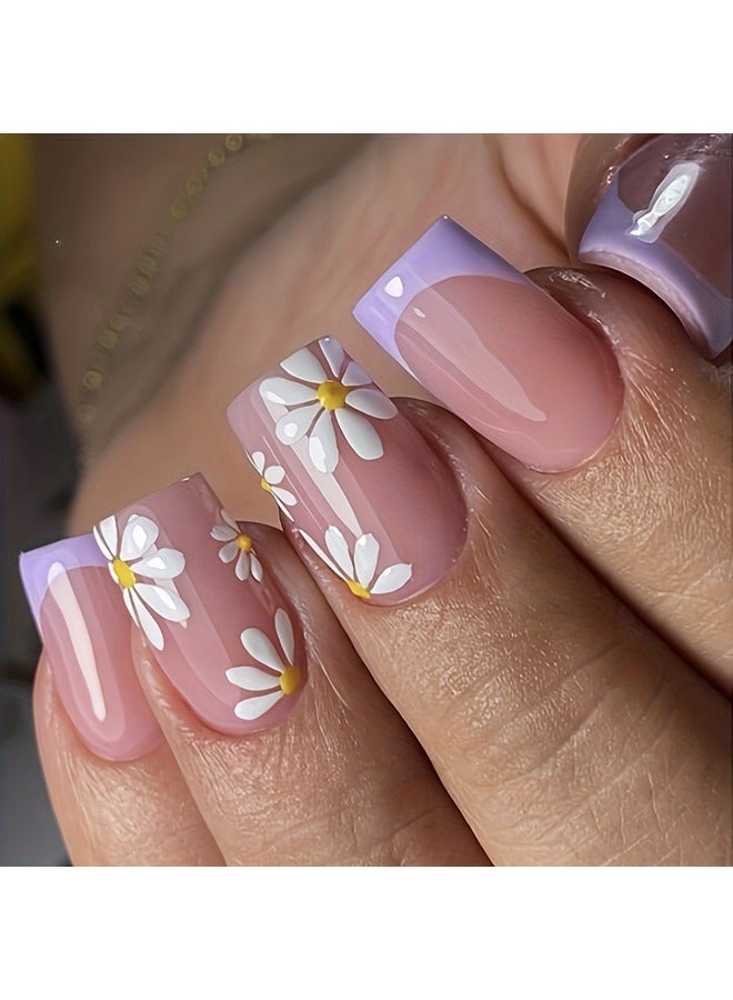 24 Pcs Press on Nails Short White Daisy Fake Nails Full Cover Stick on Nails French Acrylic Exquisite False Nails with Glue Design Nails for Women and Girls - Image 2